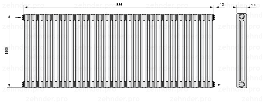 Схема (чертеж) Радиатор Zehnder Charleston 3150/41 №1670 Белый глянцевый RAL 9016